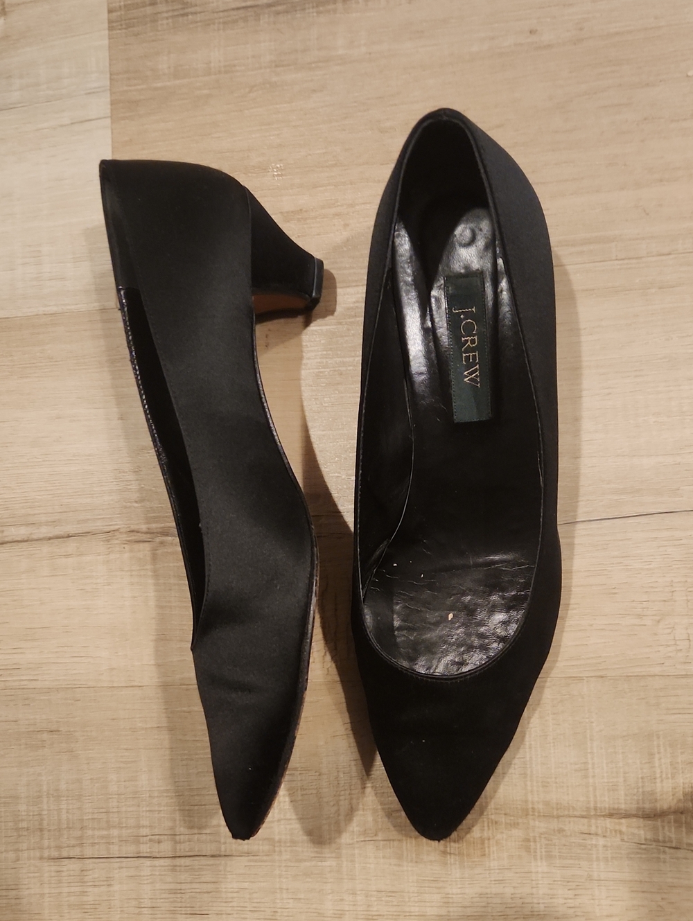J. Crew Black Pointed Low Block Heel Pumps (Satin Upper)